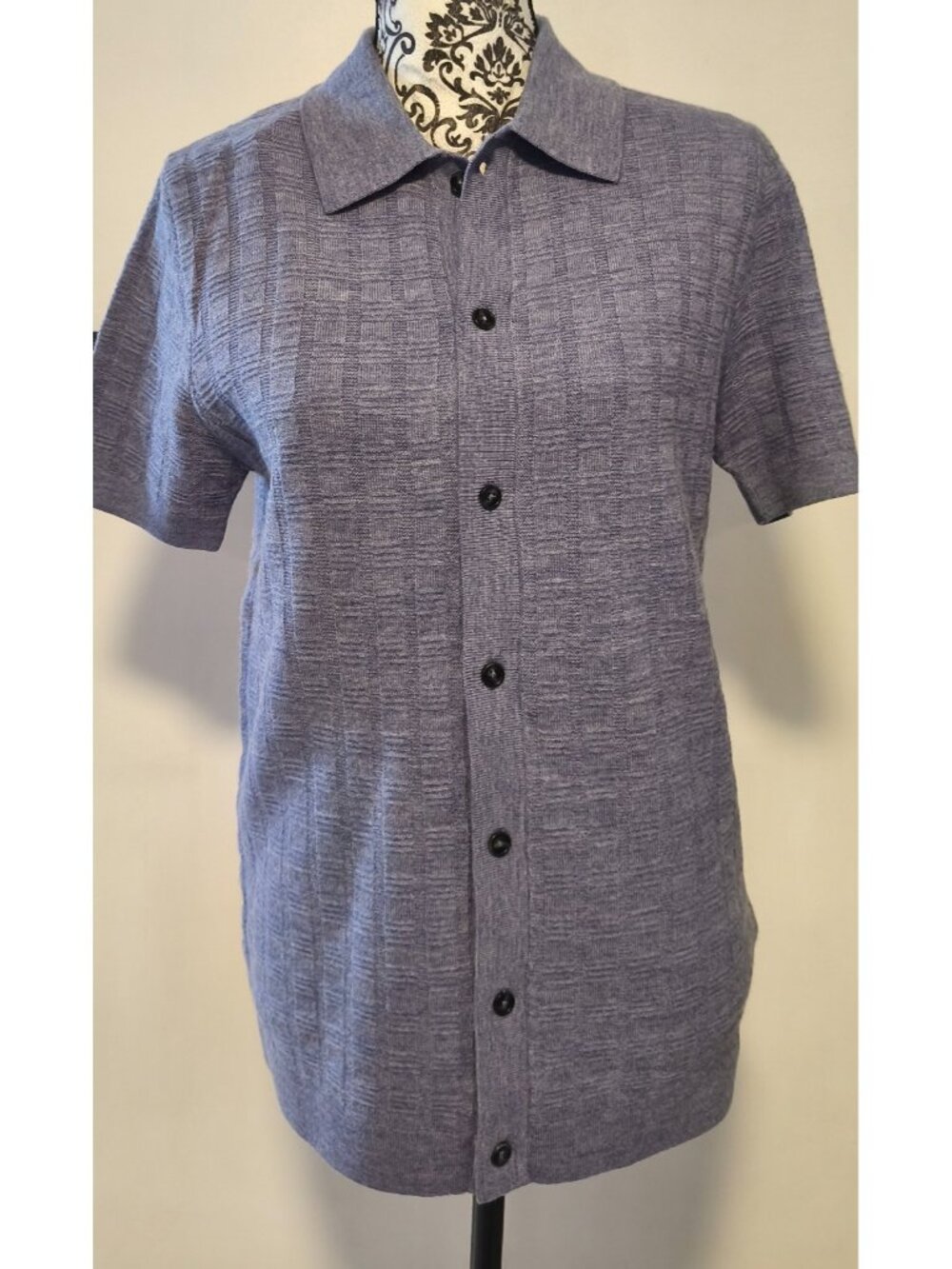 Jason Wu Merino Wool button up shirt Men's Small Short Sleeve Blue Knit Casual